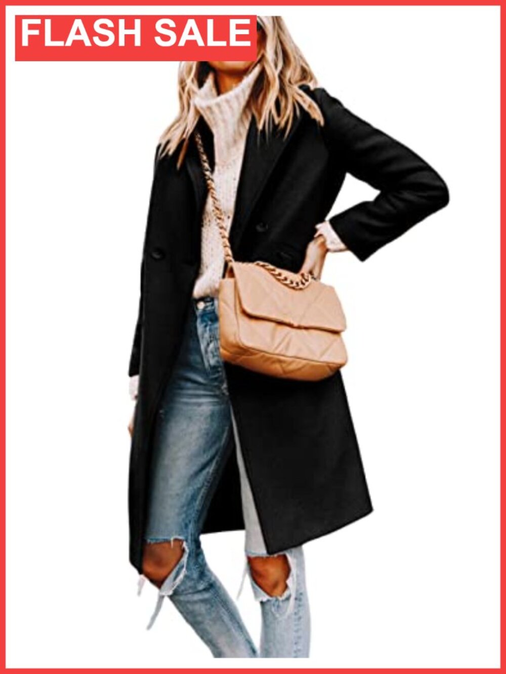 Polyester Wool Blend Peacoat Notch Lapel Double-Breasted Women's Coat